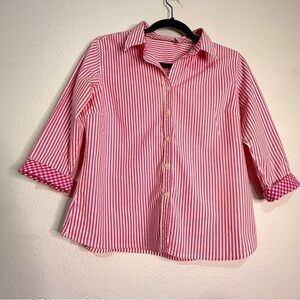 IZOD Pink & White Striped Button-Up Shirt w/pink & white checked cuffs, Sz PM.